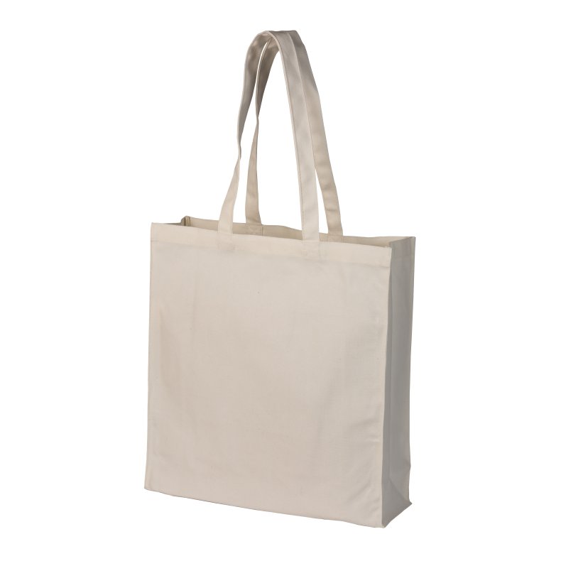 Mulepose med lang hank og 12cm bund og side fals. Natur