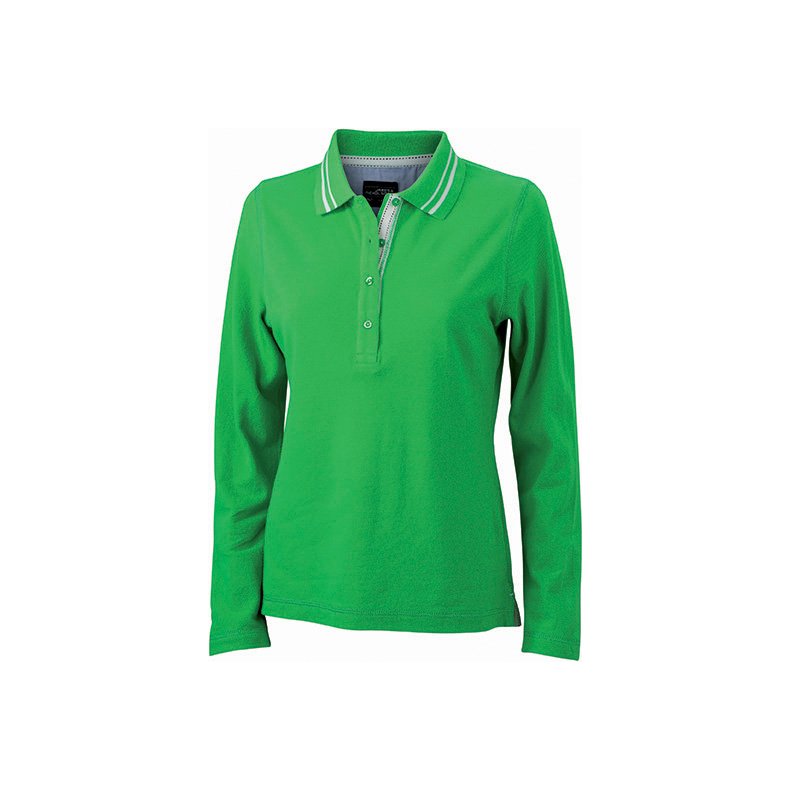 Dame Polo med lange rmer -Ladies Polo Long-sleeved - Green/Off White