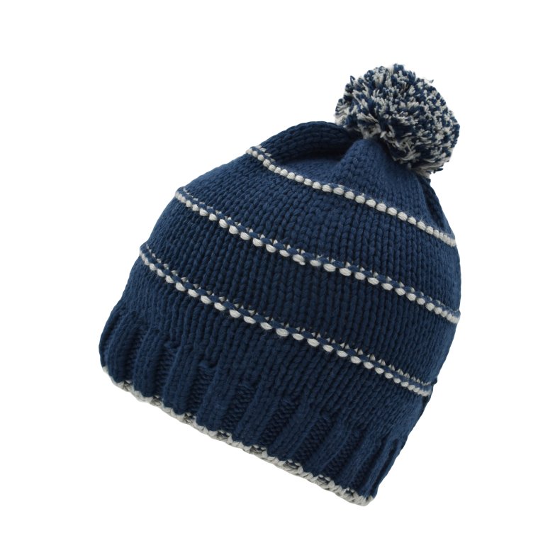 Knitted Winter Beanie with Pom - Navy/Light-grey